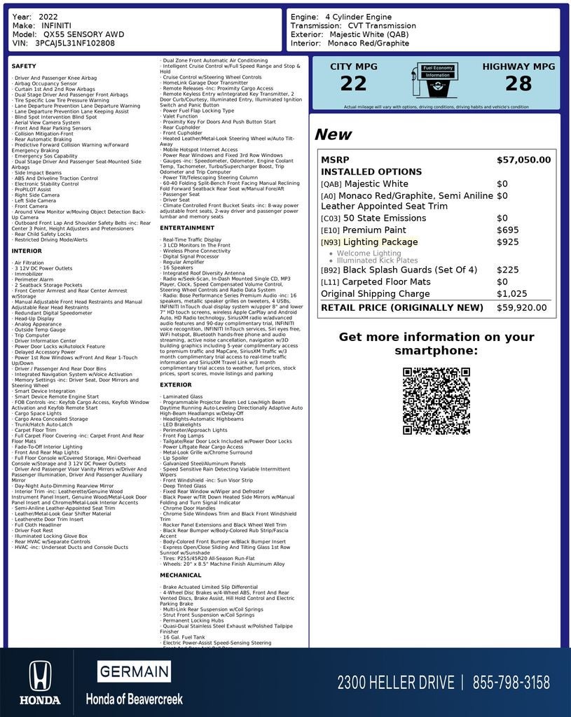 2022 INFINITI QX55 SENSORY