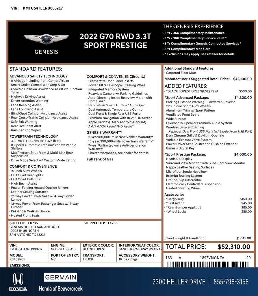 2022 Genesis G70 3.3T
