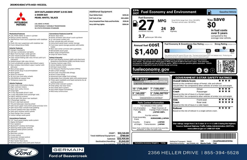 2019 Mitsubishi Outlander Sport 2.0 ES